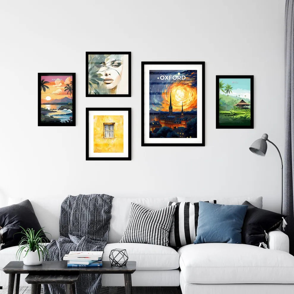 Oxford, South East England, A Poster of a painting of a city with a spiral of stars and a building Default Title