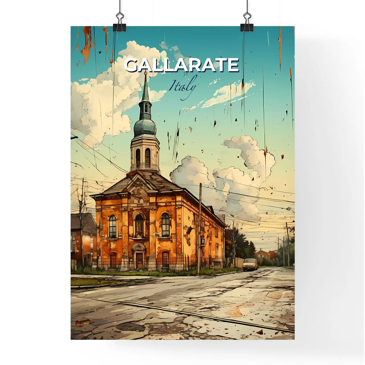 Gallarate, Italy, A Poster of a building with a steeple on the side of the road Default Title