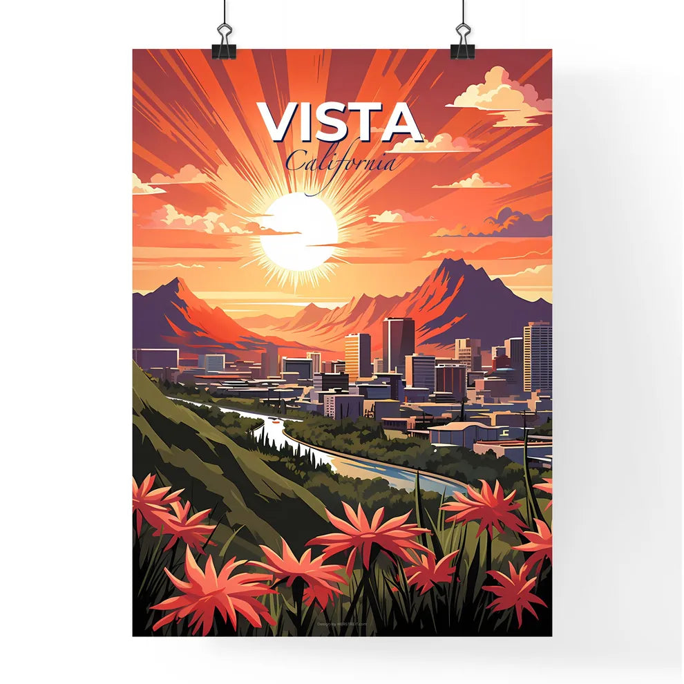Vista, California, A Poster of a city landscape with mountains and flowers Default Title