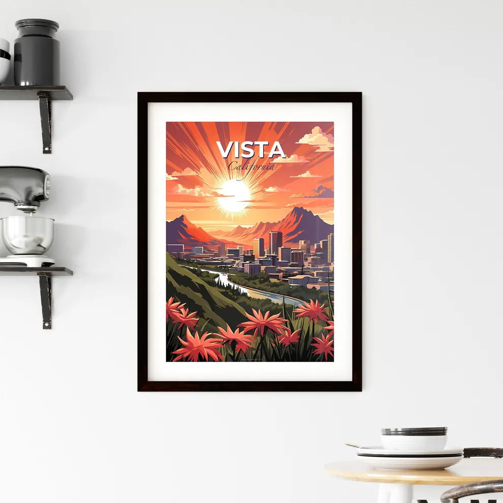 Vista, California, A Poster of a city landscape with mountains and flowers Default Title