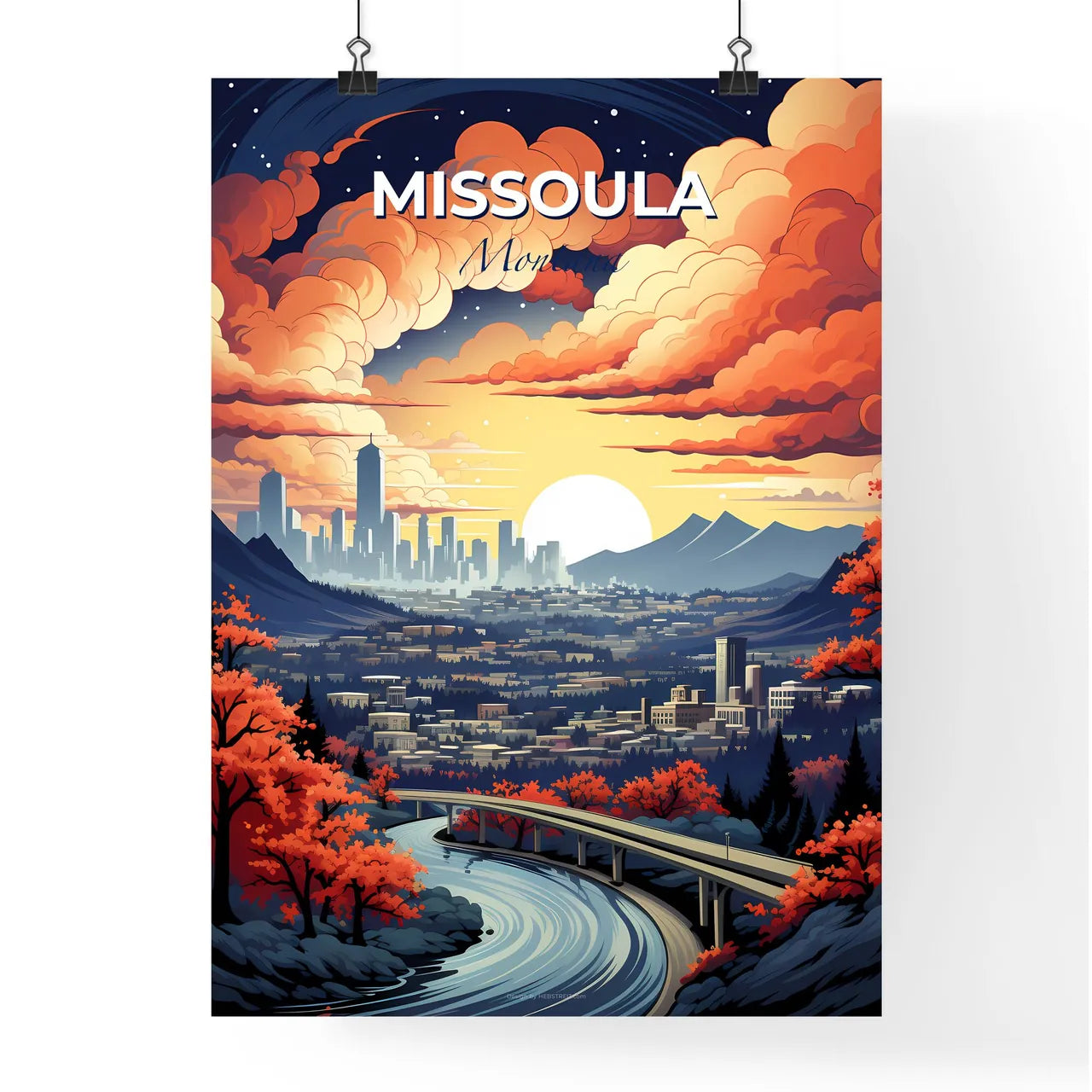 Missoula, Montana, A Poster of a landscape with a bridge and a city Default Title