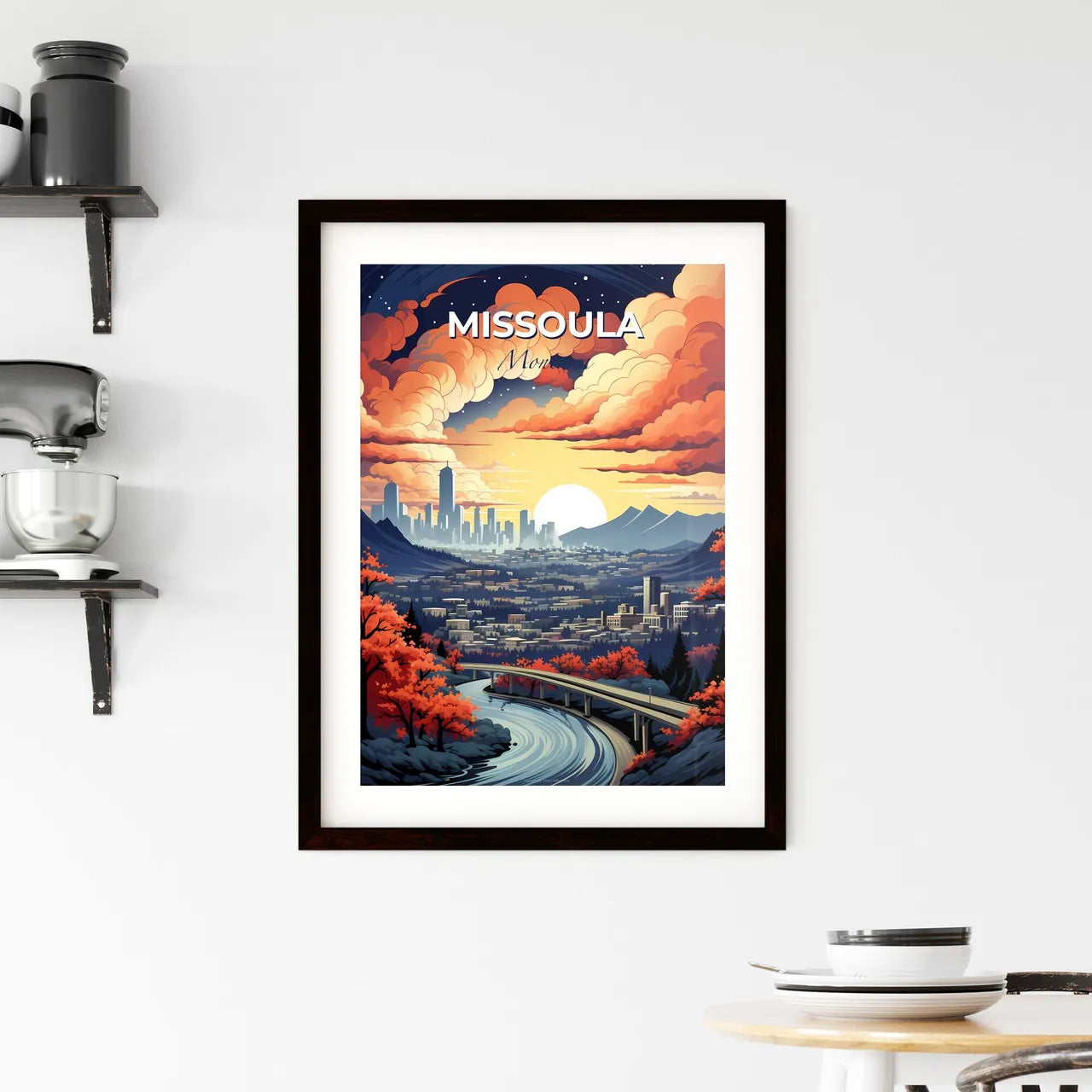 Missoula, Montana, A Poster of a landscape with a bridge and a city Default Title
