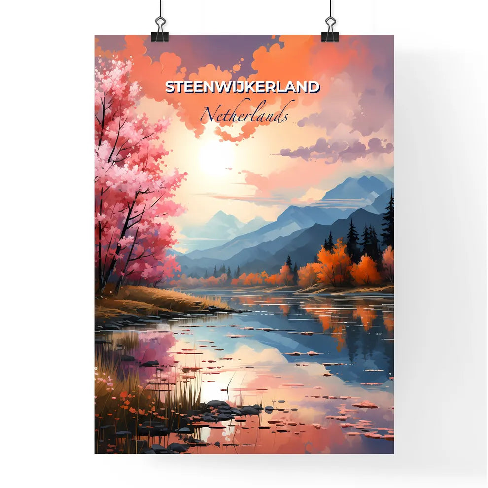 Steenwijkerland, Netherlands, A Poster of a lake with pink trees and mountains in the background Default Title