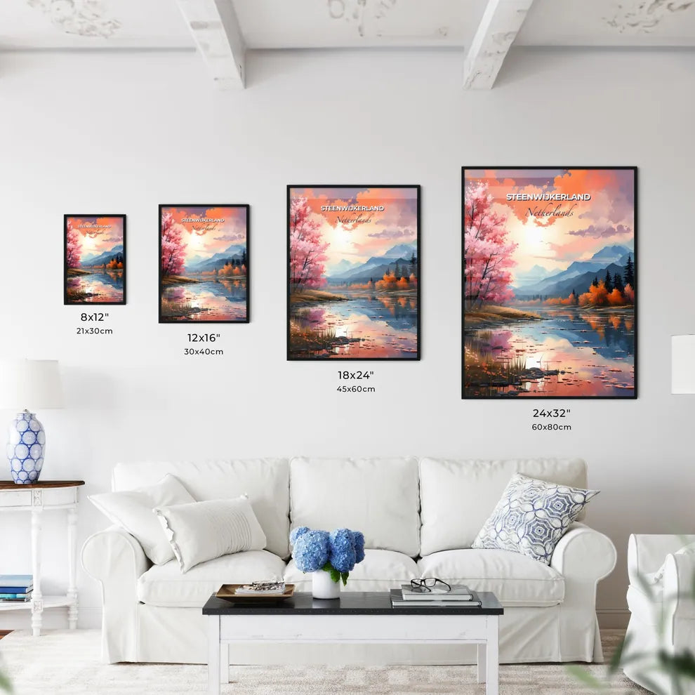 Steenwijkerland, Netherlands, A Poster of a lake with pink trees and mountains in the background Default Title