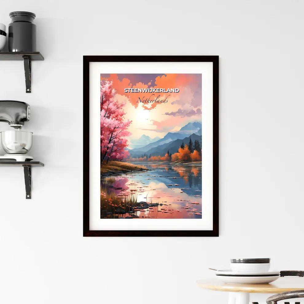 Steenwijkerland, Netherlands, A Poster of a lake with pink trees and mountains in the background Default Title