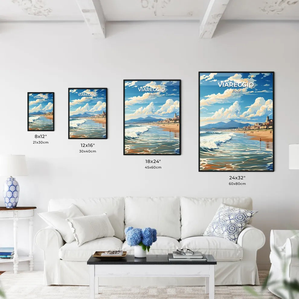 Viareggio, Italy, A Poster of a beach with buildings and waves Default Title