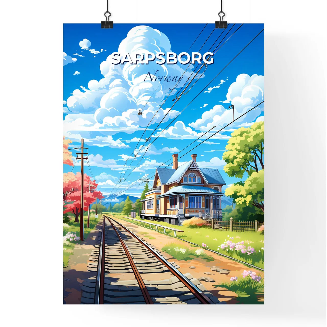 Sarpsborg, Norway, A Poster of a train tracks with a house and trees Default Title