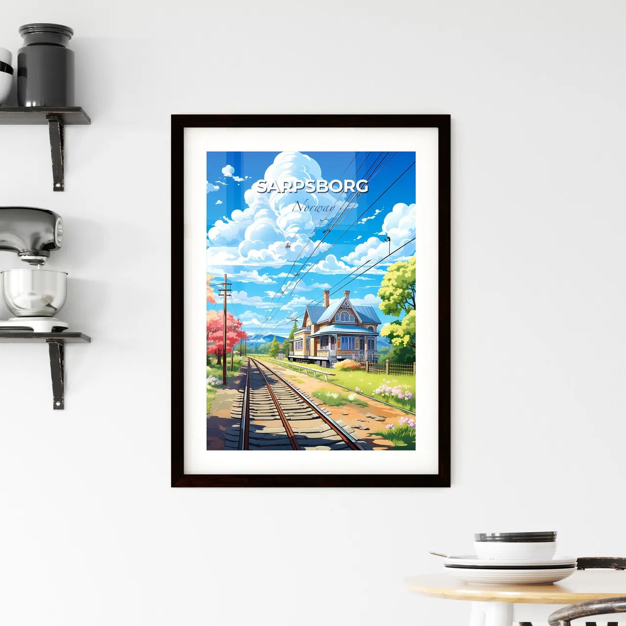 Sarpsborg, Norway, A Poster of a train tracks with a house and trees Default Title