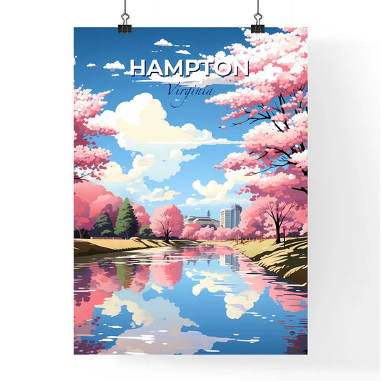 Hampton, Virginia, A Poster of a river with pink trees and buildings in the background Default Title