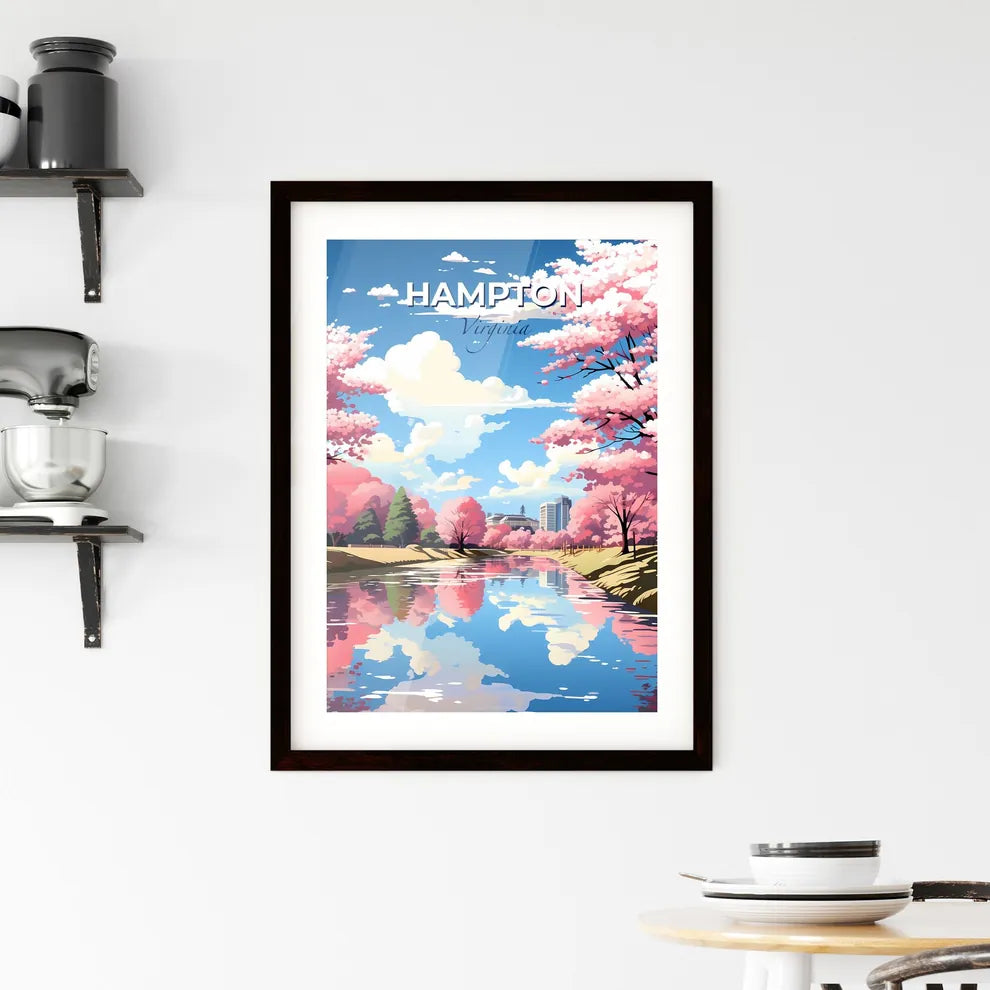 Hampton, Virginia, A Poster of a river with pink trees and buildings in the background Default Title