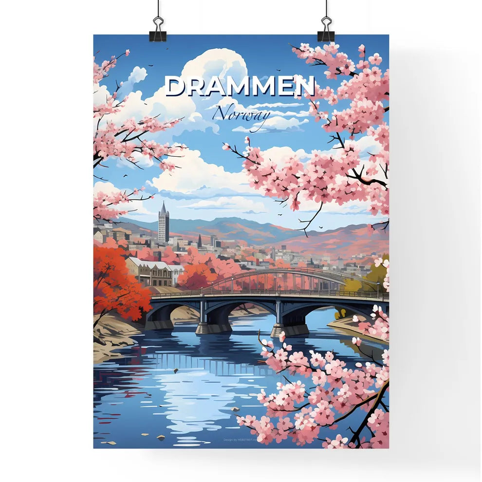 Drammen, Norway, A Poster of a bridge over a river with pink flowers Default Title