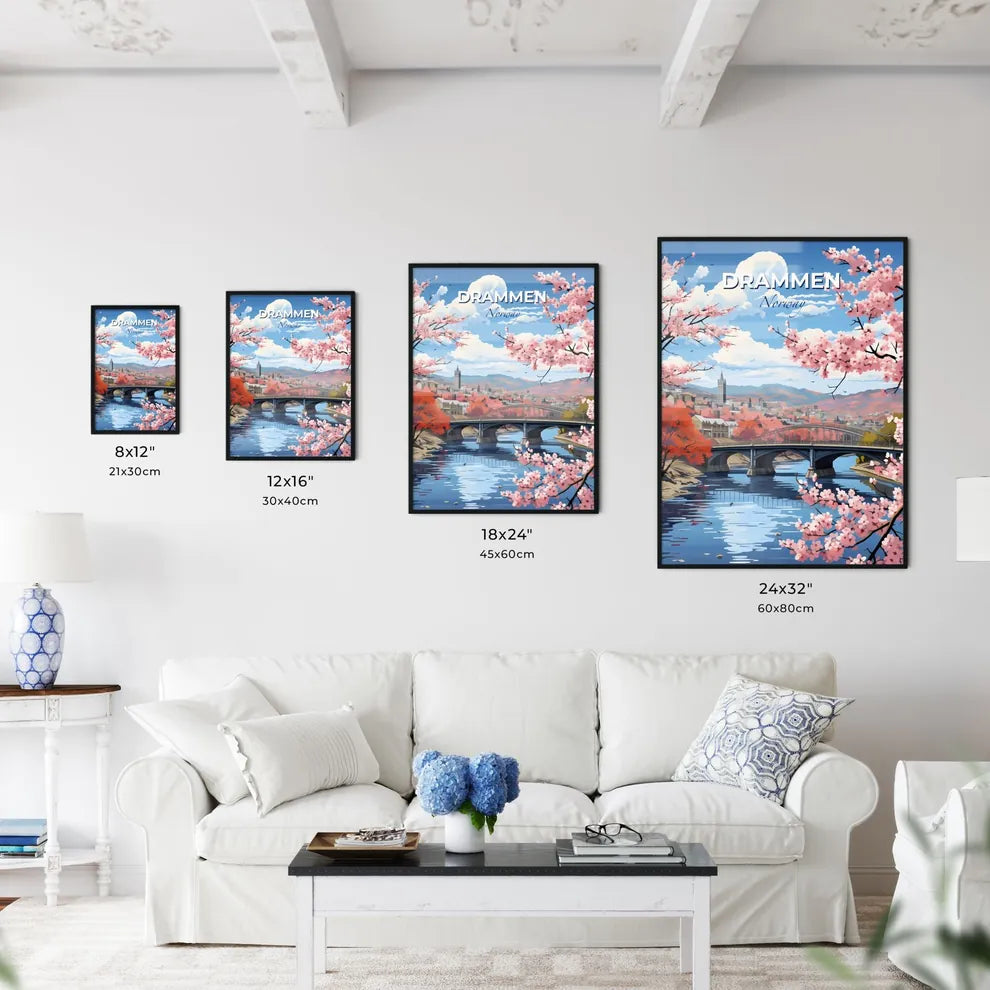 Drammen, Norway, A Poster of a bridge over a river with pink flowers Default Title