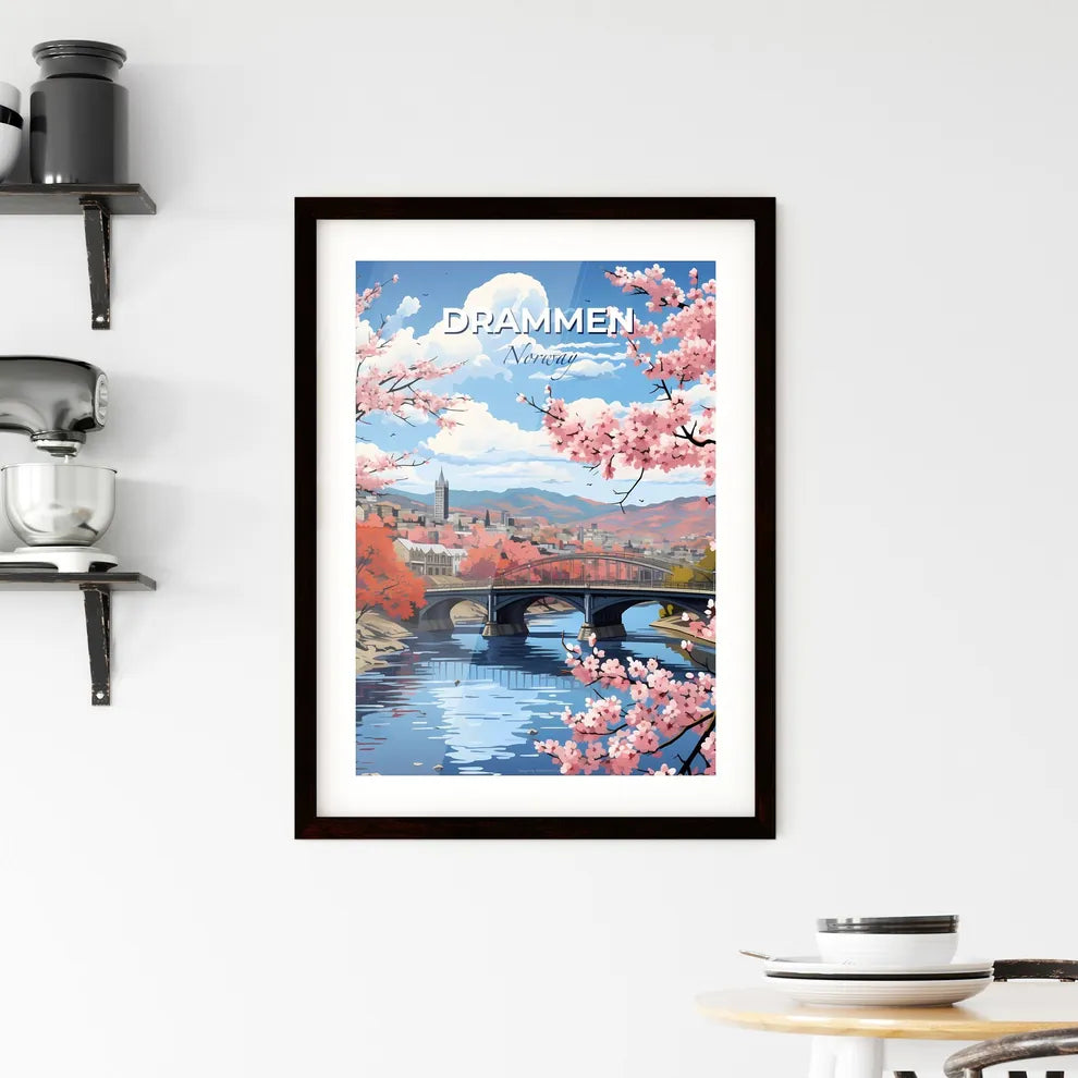 Drammen, Norway, A Poster of a bridge over a river with pink flowers Default Title