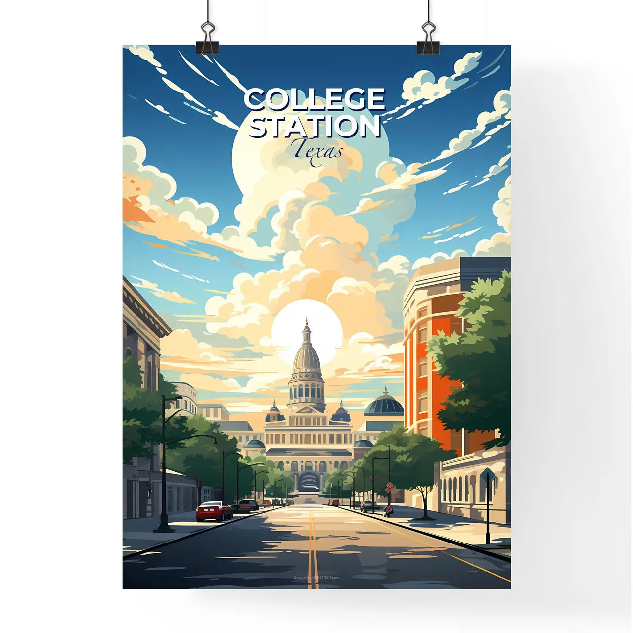College Station, Texas, A Poster of a street with trees and buildings and a large dome on the top Default Title