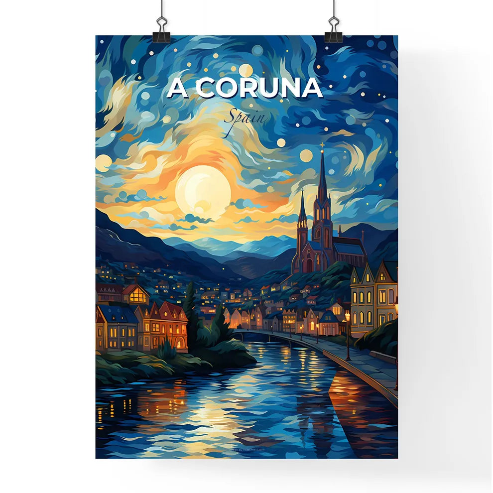 A Coruna, Spain, A Poster of a painting of a town with a river and a church Default Title