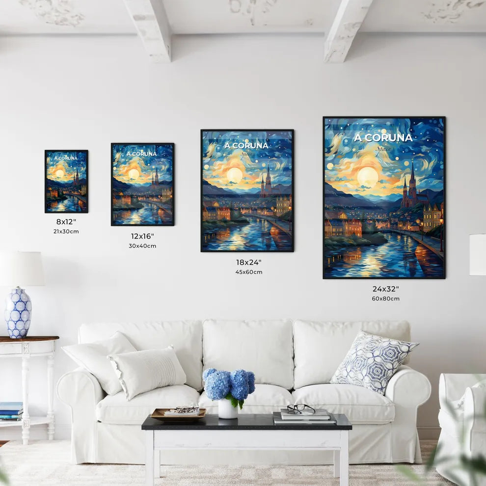A Coruna, Spain, A Poster of a painting of a town with a river and a church Default Title