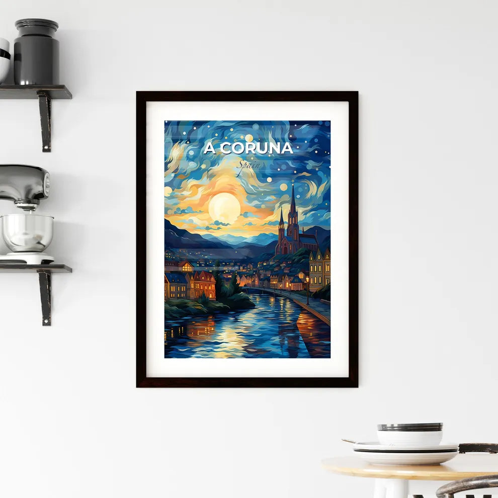 A Coruna, Spain, A Poster of a painting of a town with a river and a church Default Title