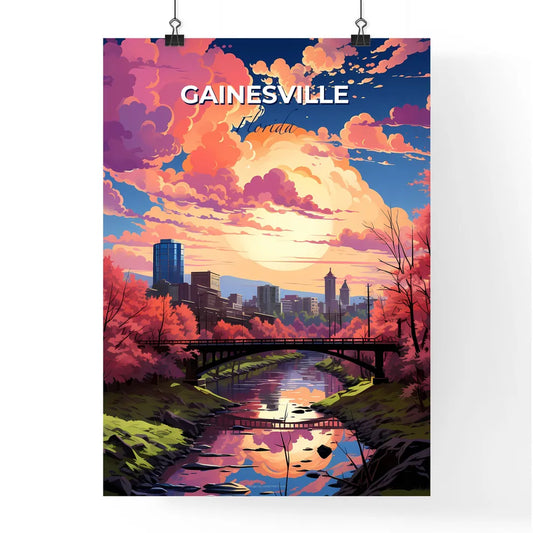 Gainesville, Florida, A Poster of a bridge over a river with pink trees and a city in the background Default Title