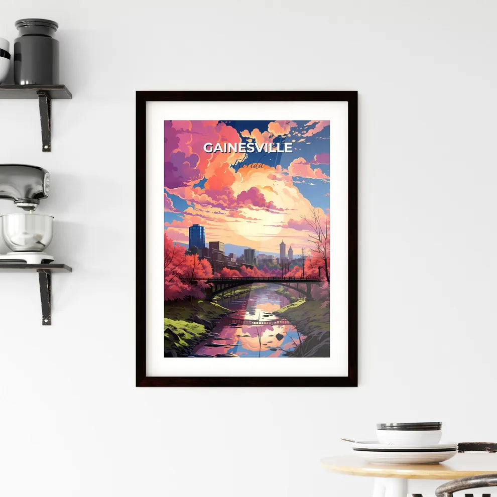 Gainesville, Florida, A Poster of a bridge over a river with pink trees and a city in the background Default Title
