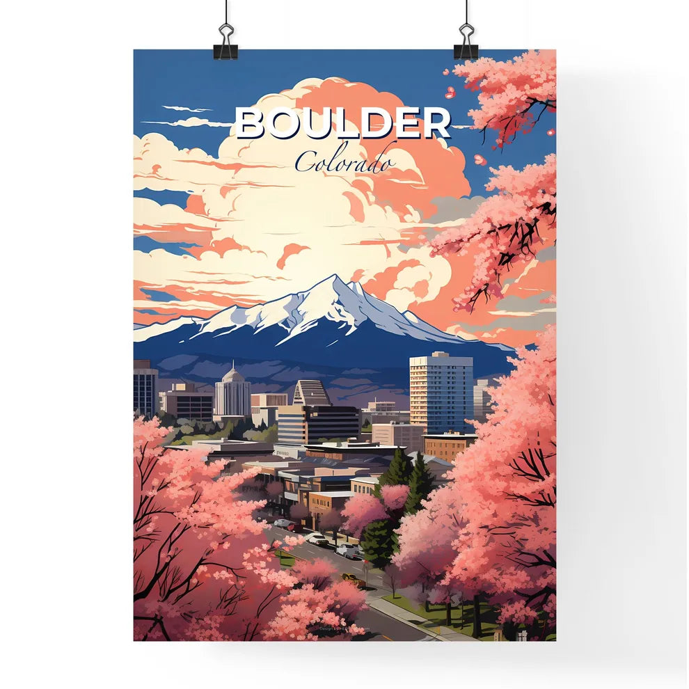 Boulder, Colorado, A Poster of a city with pink trees and mountains in the background Default Title