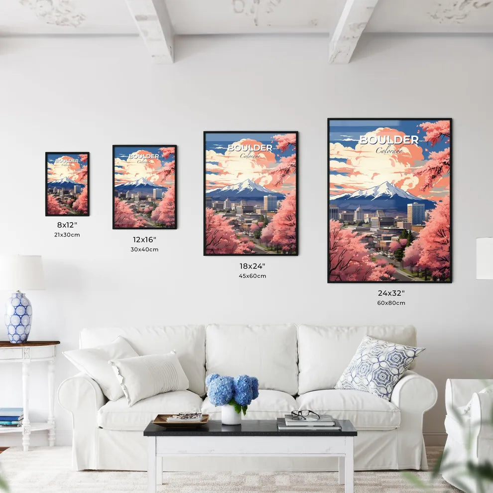 Boulder, Colorado, A Poster of a city with pink trees and mountains in the background Default Title