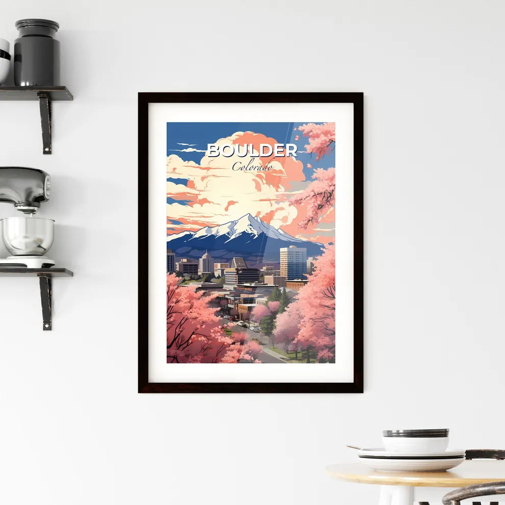 Boulder, Colorado, A Poster of a city with pink trees and mountains in the background Default Title