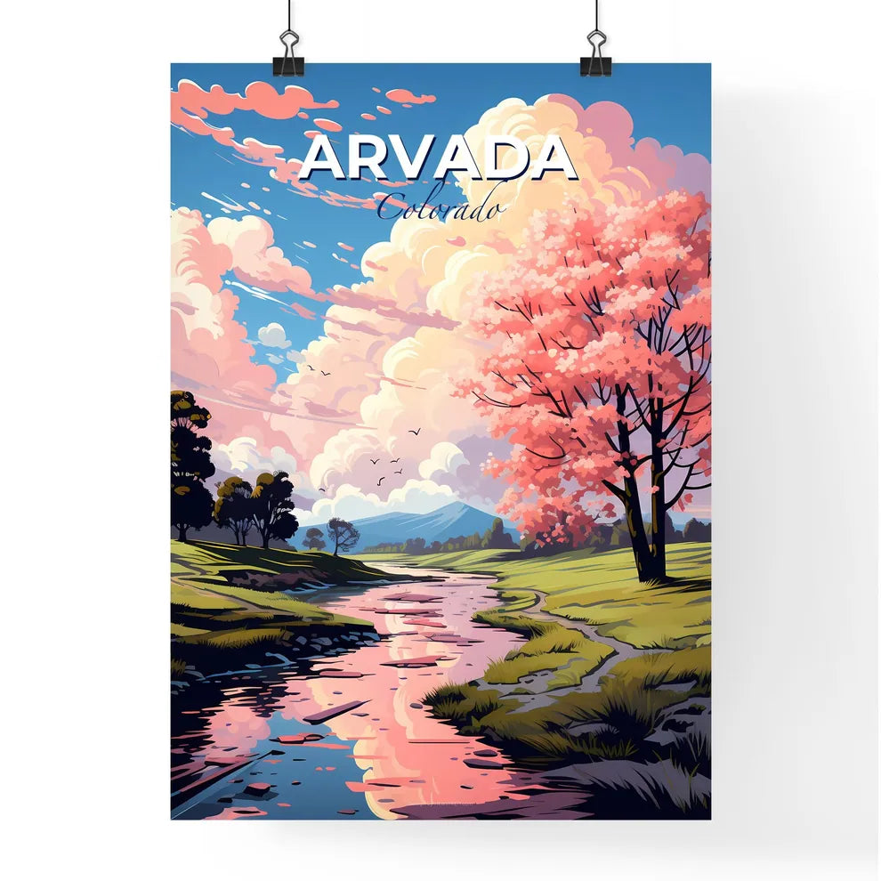 Arvada, Colorado, A Poster of a river running through a grassy field with trees and pink flowers Default Title