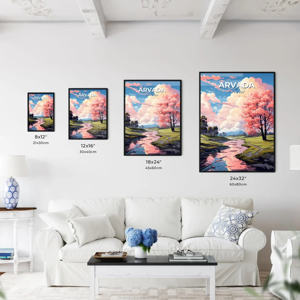 Arvada, Colorado, A Poster of a river running through a grassy field with trees and pink flowers Default Title