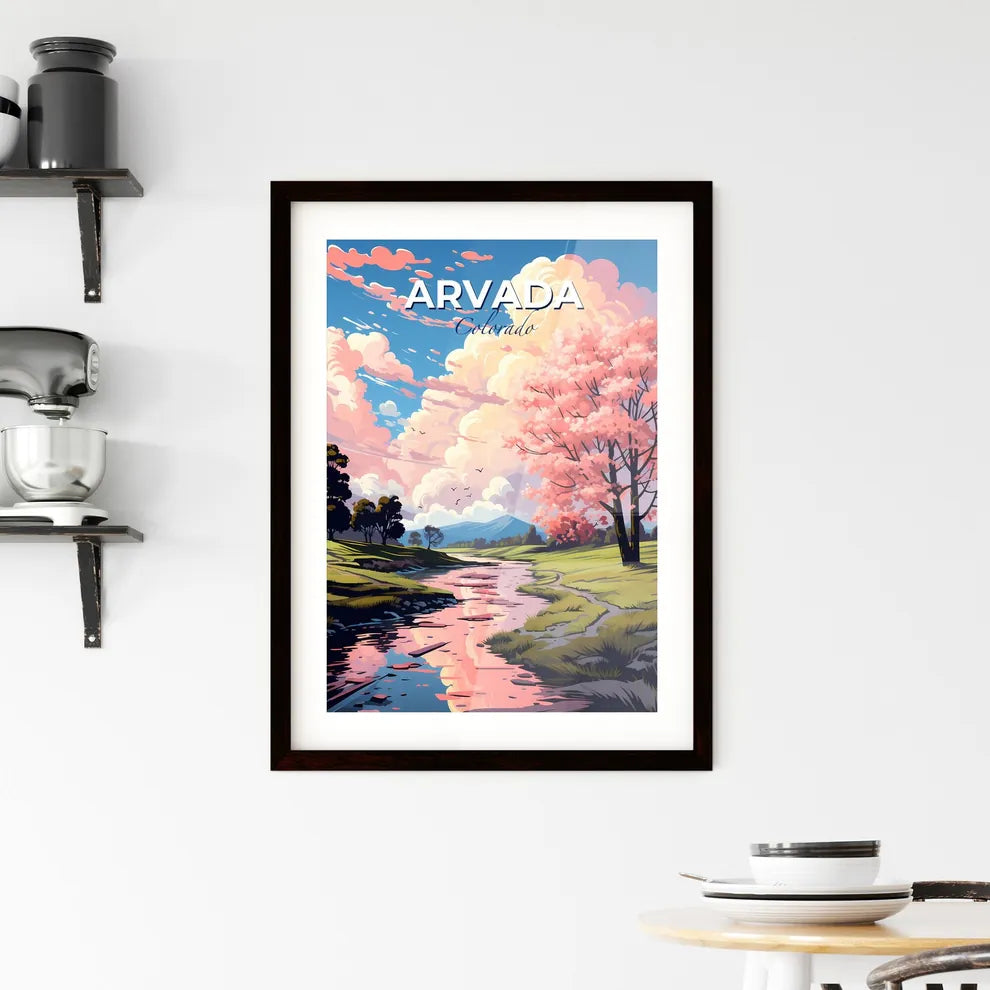 Arvada, Colorado, A Poster of a river running through a grassy field with trees and pink flowers Default Title