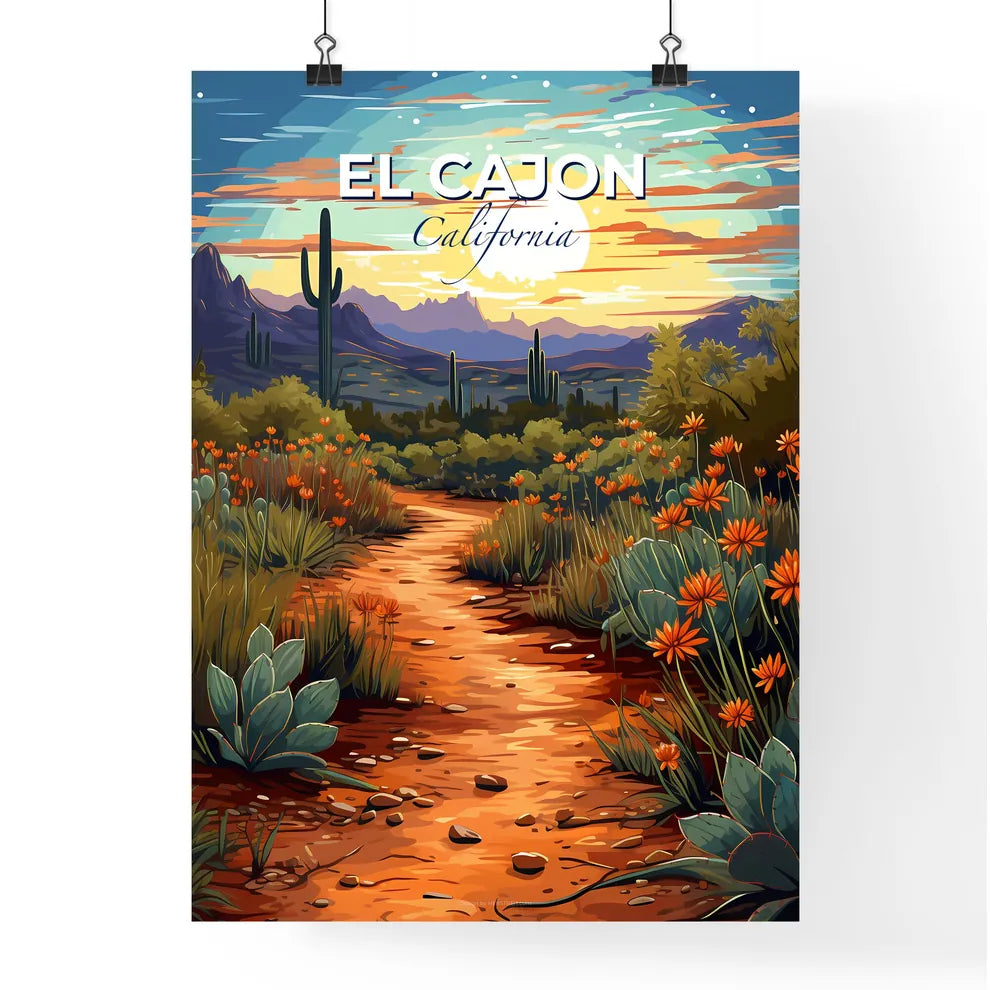 El Cajon, California, A Poster of a dirt path through a desert with cactuses and mountains Default Title