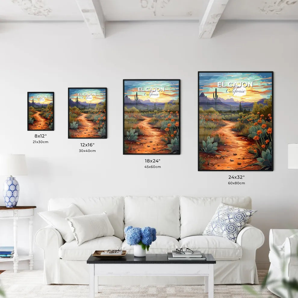 El Cajon, California, A Poster of a dirt path through a desert with cactuses and mountains Default Title