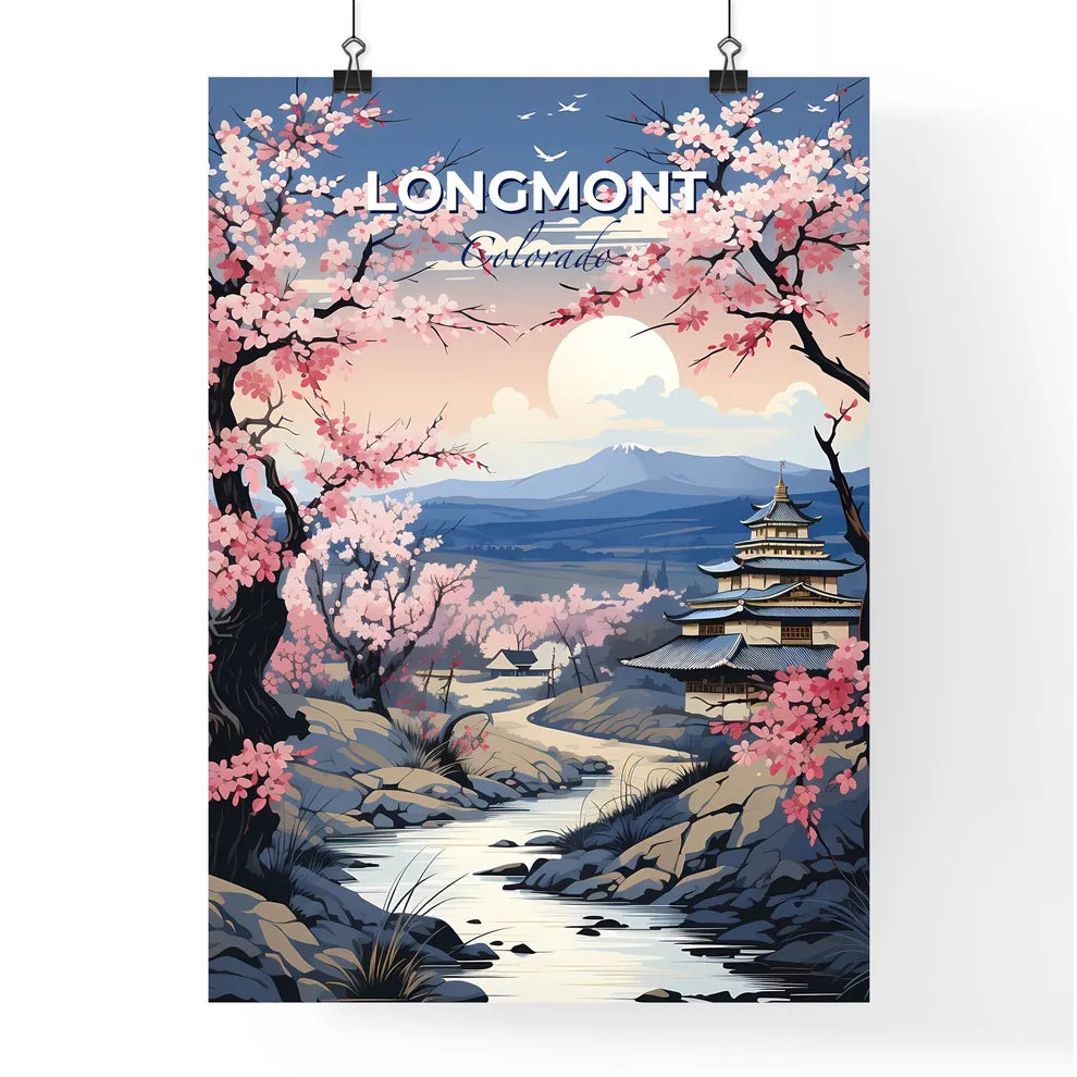 Longmont, Colorado, A Poster of a painting of a river running through a landscape with a pagoda and trees Default Title