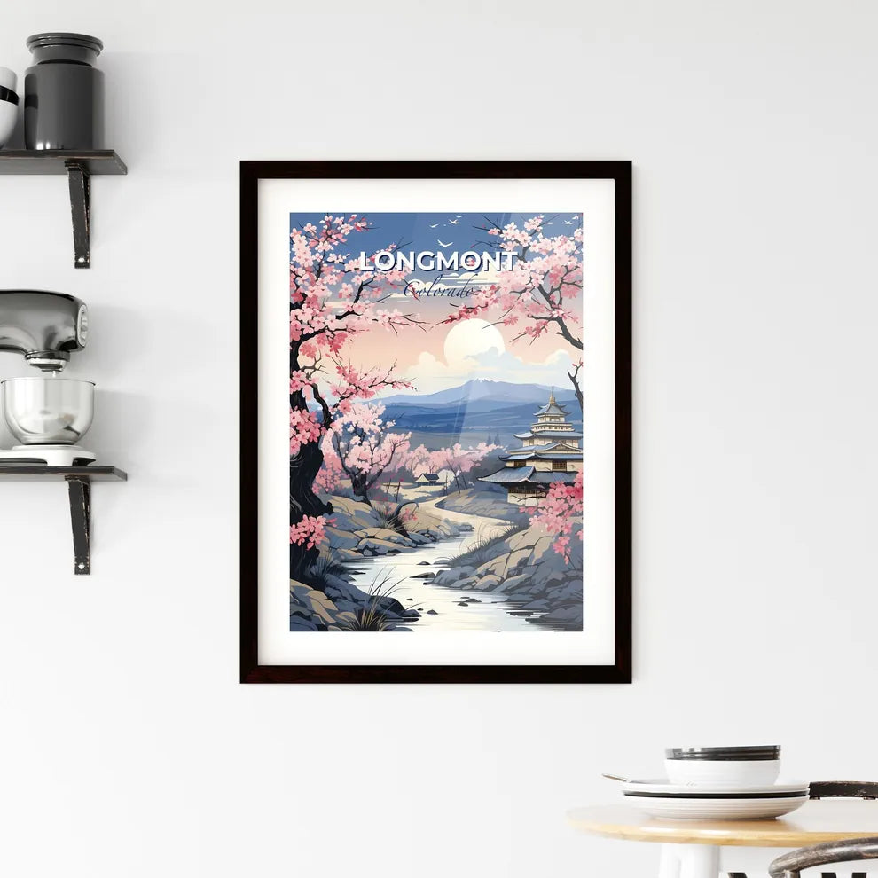 Longmont, Colorado, A Poster of a painting of a river running through a landscape with a pagoda and trees Default Title