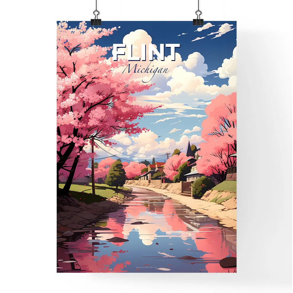 Flint, Michigan, A Poster of a water way with pink trees and houses Default Title