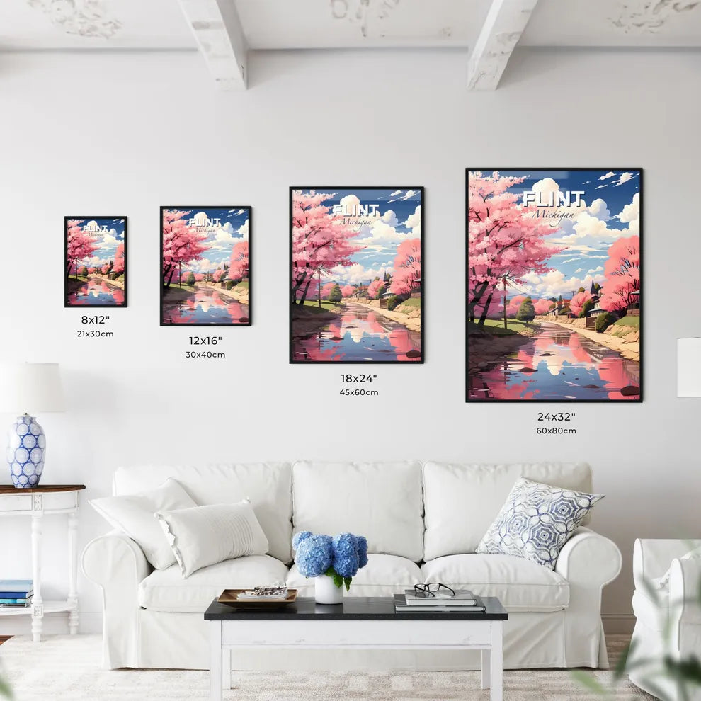 Flint, Michigan, A Poster of a water way with pink trees and houses Default Title