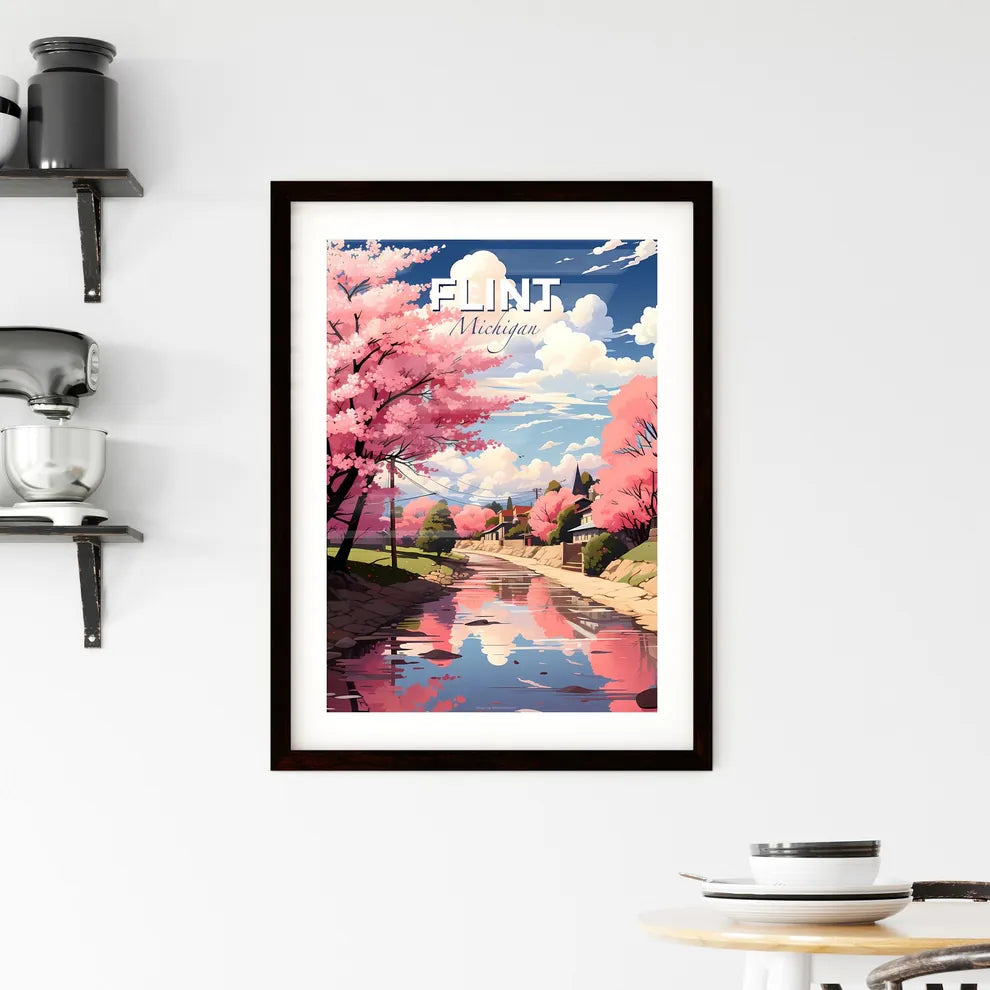 Flint, Michigan, A Poster of a water way with pink trees and houses Default Title