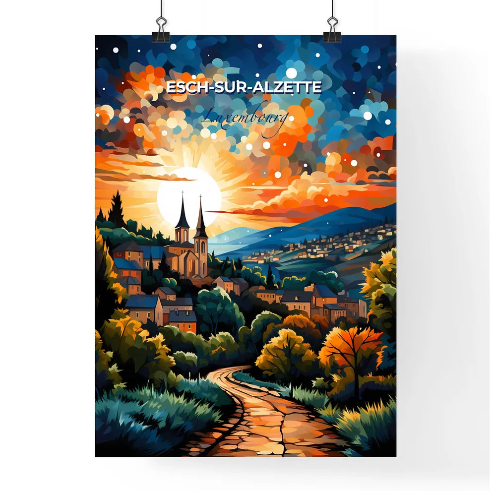 Esch-Sur-Alzette, Luxembourg, A Poster of a painting of a town with trees and a road Default Title
