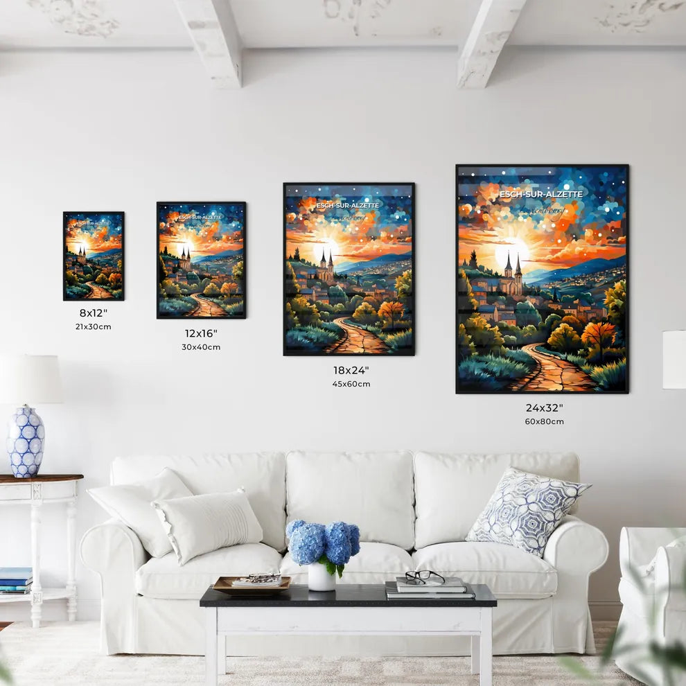 Esch-Sur-Alzette, Luxembourg, A Poster of a painting of a town with trees and a road Default Title