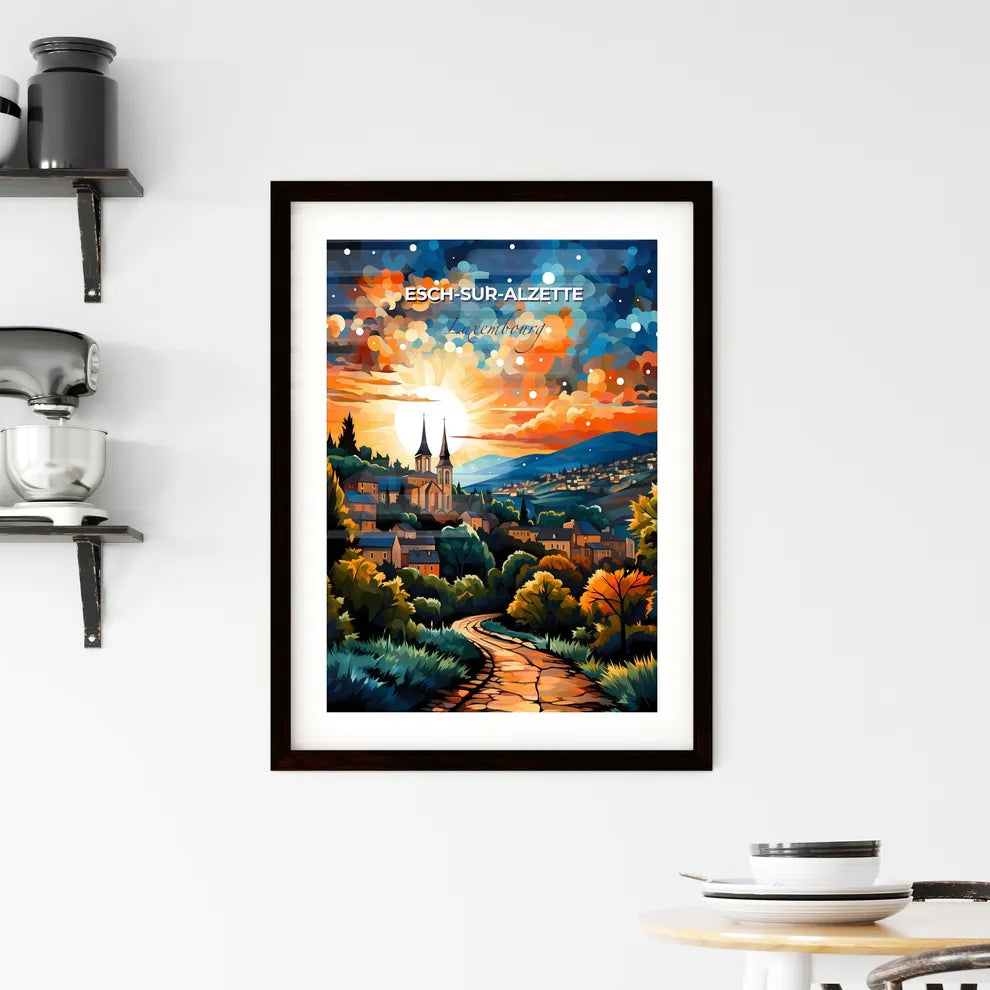 Esch-Sur-Alzette, Luxembourg, A Poster of a painting of a town with trees and a road Default Title