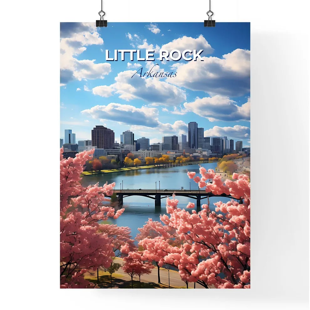 Little Rock, Arkansas, A Poster of a bridge over a river with pink flowers Default Title