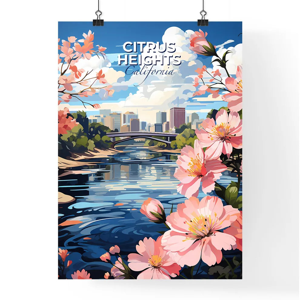 Citrus Heights, California, A Poster of a painting of a river with pink flowers and a bridge in the background Default Title