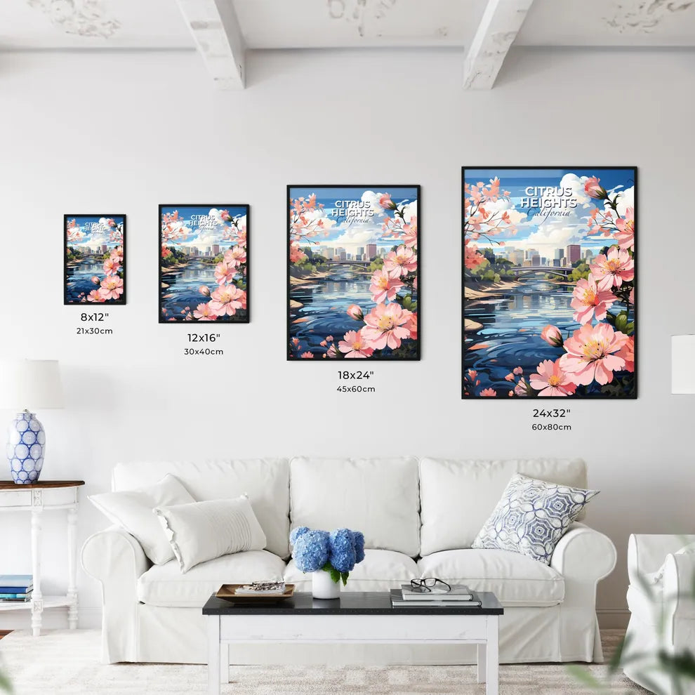 Citrus Heights, California, A Poster of a painting of a river with pink flowers and a bridge in the background Default Title