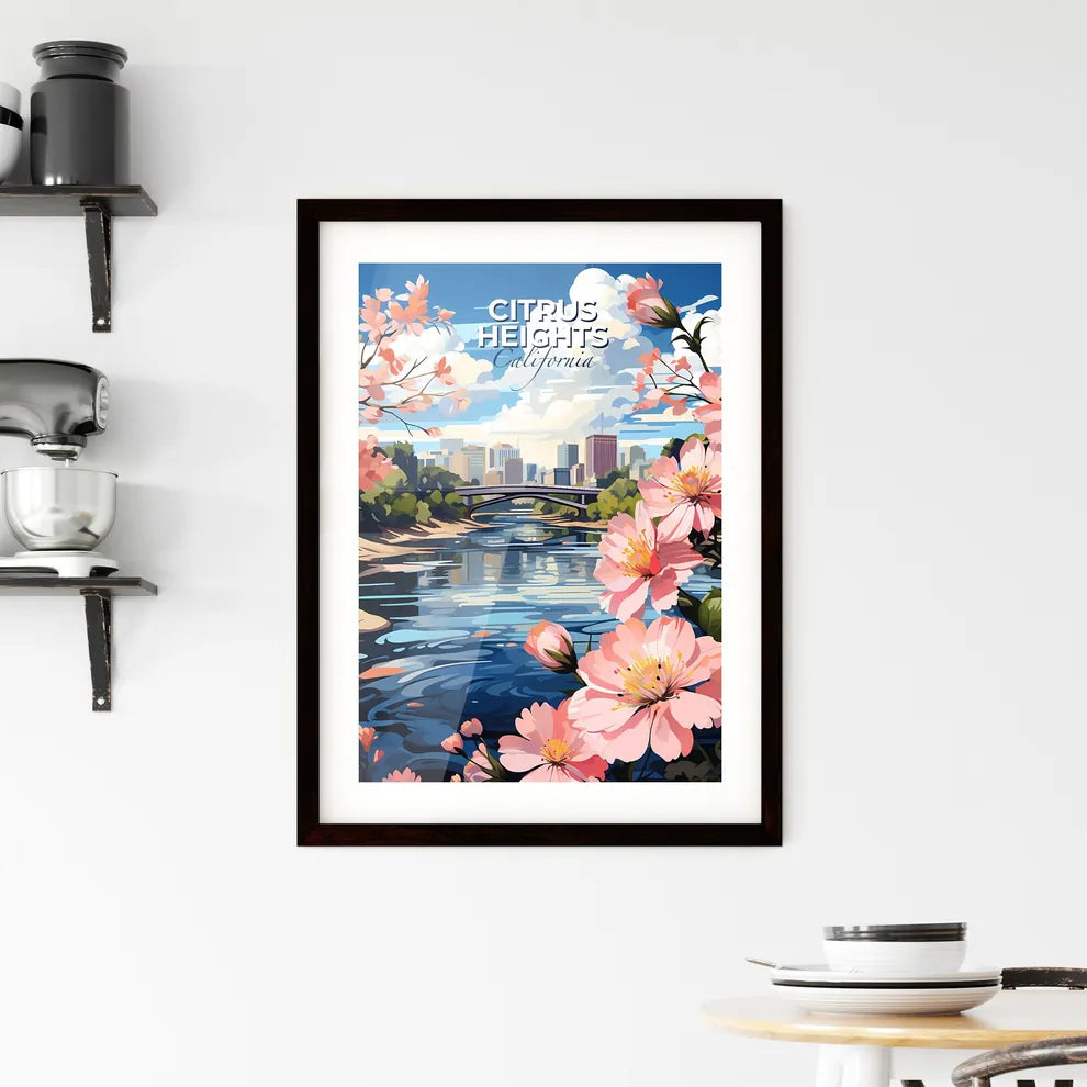 Citrus Heights, California, A Poster of a painting of a river with pink flowers and a bridge in the background Default Title