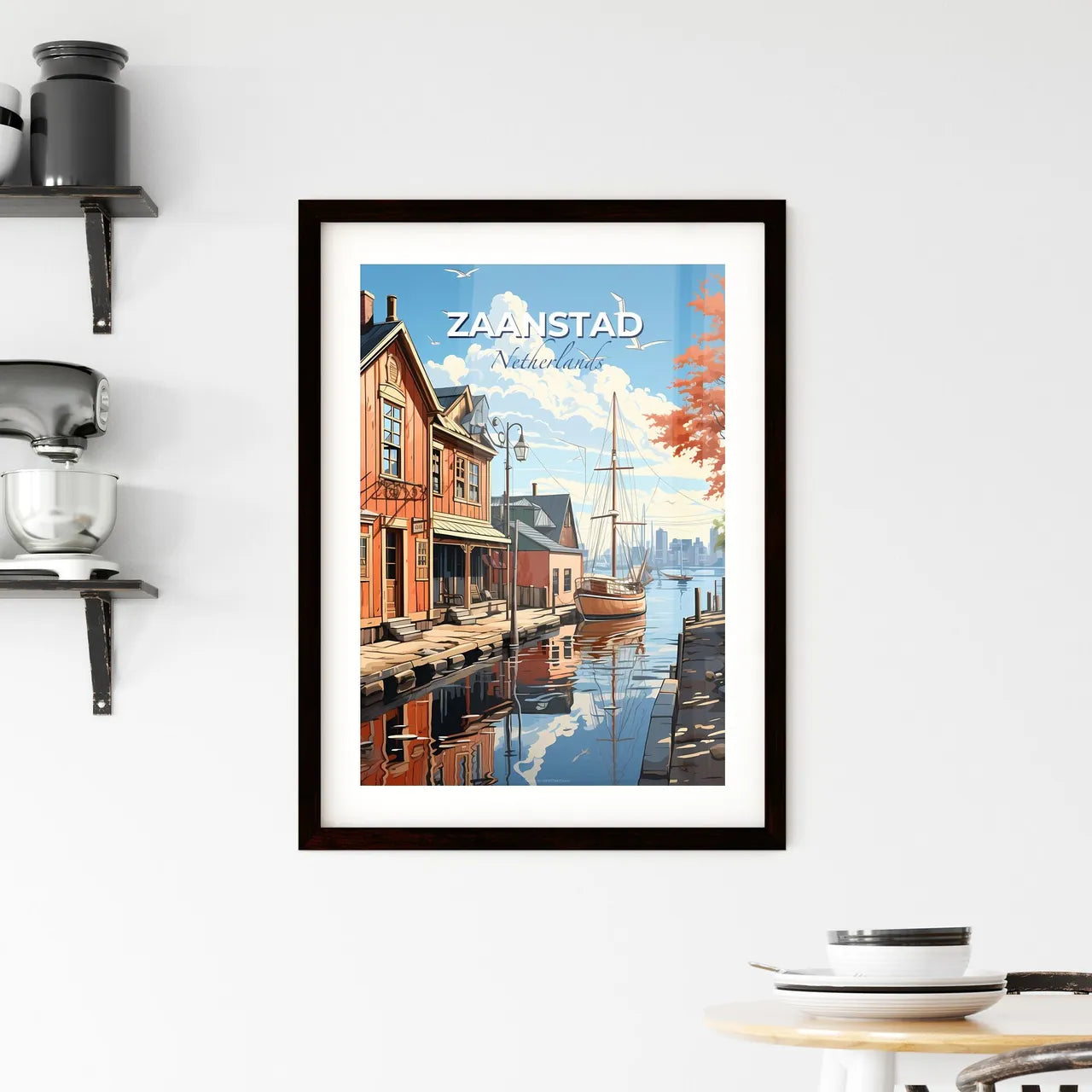 Zaanstad, Netherlands, A Poster of a painting of a canal with buildings and a boat Default Title