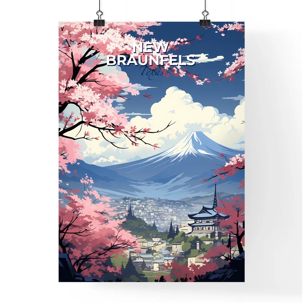New Braunfels, Texas, A Poster of a mountain with pink flowers and a city with a mountain in the background Default Title