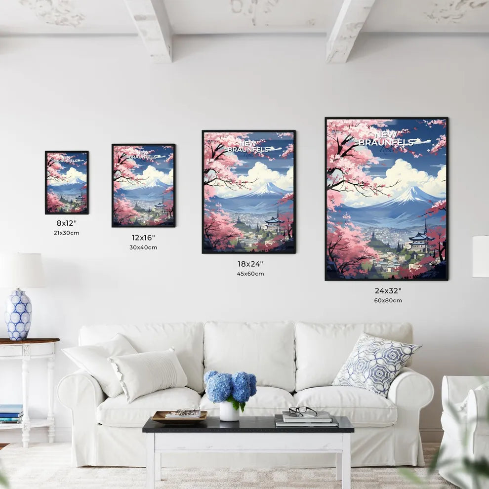 New Braunfels, Texas, A Poster of a mountain with pink flowers and a city with a mountain in the background Default Title
