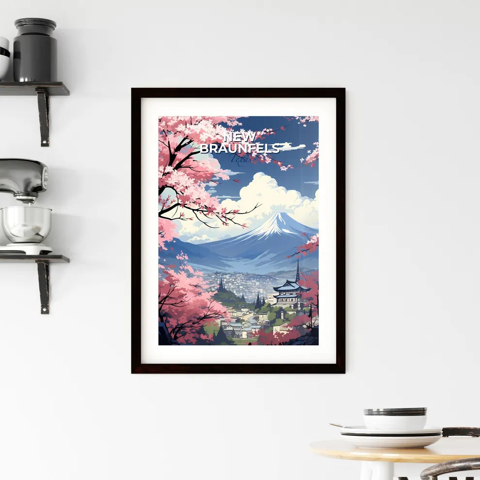 New Braunfels, Texas, A Poster of a mountain with pink flowers and a city with a mountain in the background Default Title
