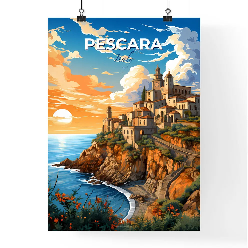 Pescara, Italy, A Poster of a painting of a town on a cliff by the ocean Default Title