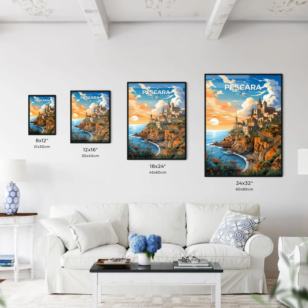 Pescara, Italy, A Poster of a painting of a town on a cliff by the ocean Default Title