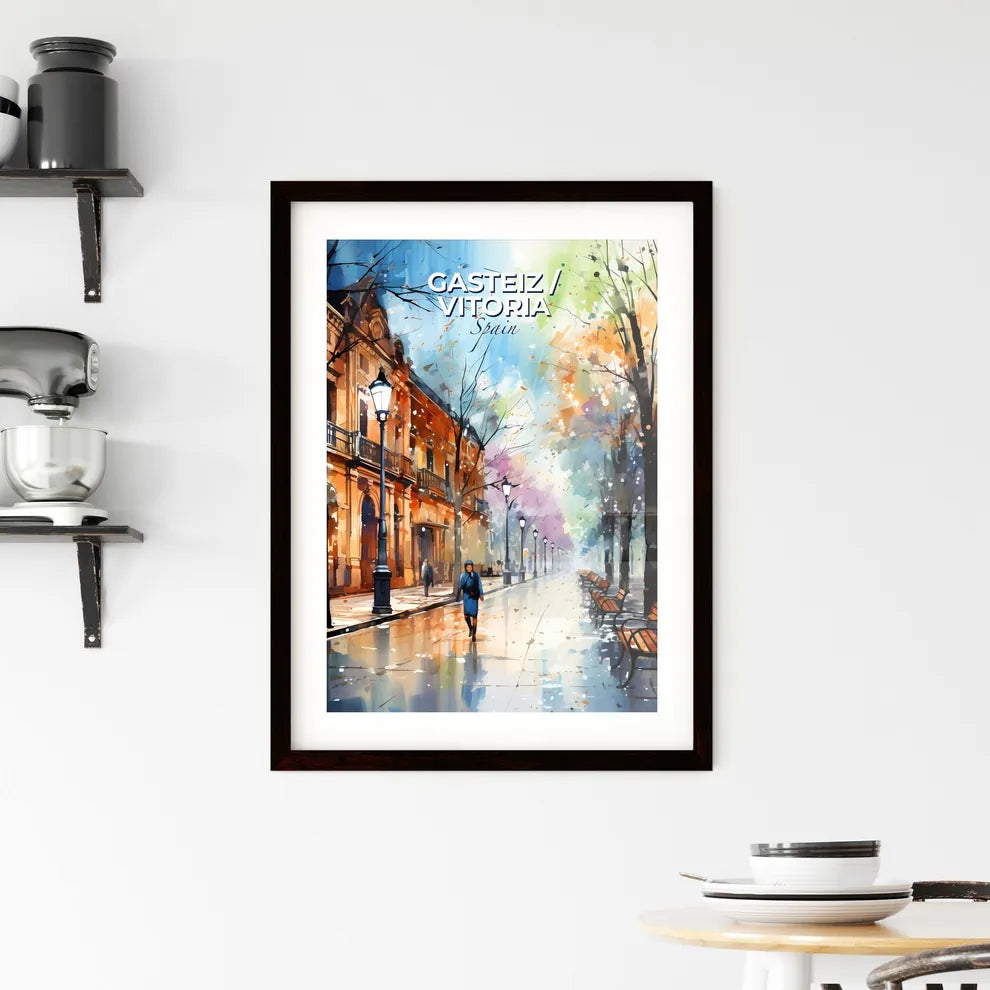 Gasteiz / Vitoria, Spain, A Poster of a person walking on a sidewalk with benches and trees Default Title